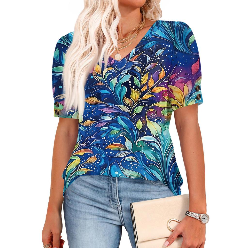 Womens Tops Short Sleeve Shirts Buttons V Neck  Fashion Outfits  Blouses  Casual