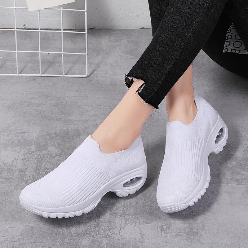 Women s Thick-Soled Flyknit Slip-On Running Shoes - Breathable Rocker Bottom Casual Sneakers for Spring 42 белый