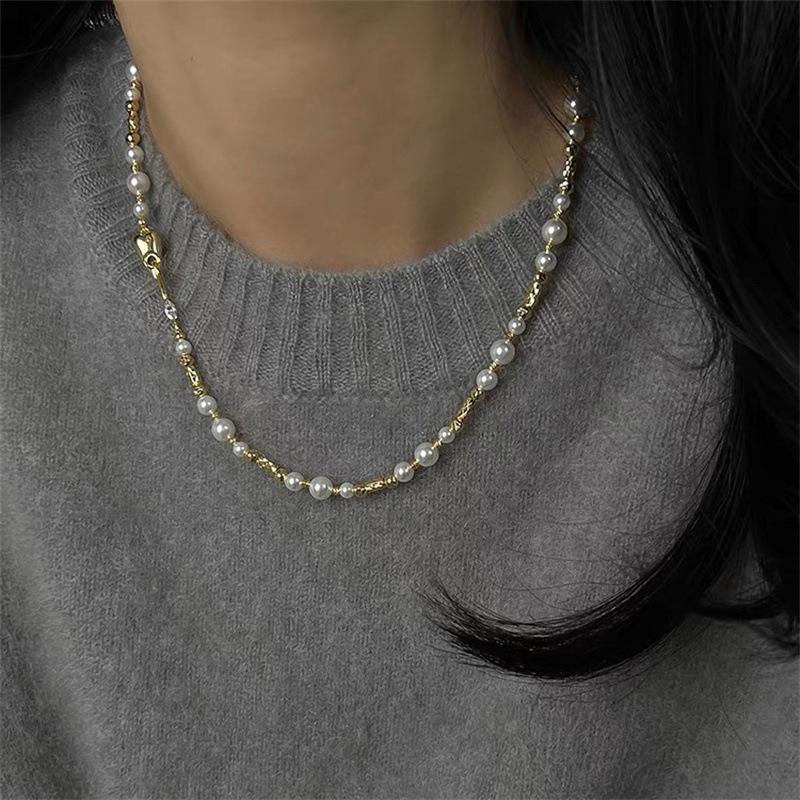 

True Hemp Color Shijia Pearl Cut Flower Pearl Necklace Women S Light Luxury Niche Autumn And Winter Temperament Beaded Sweater Chain
