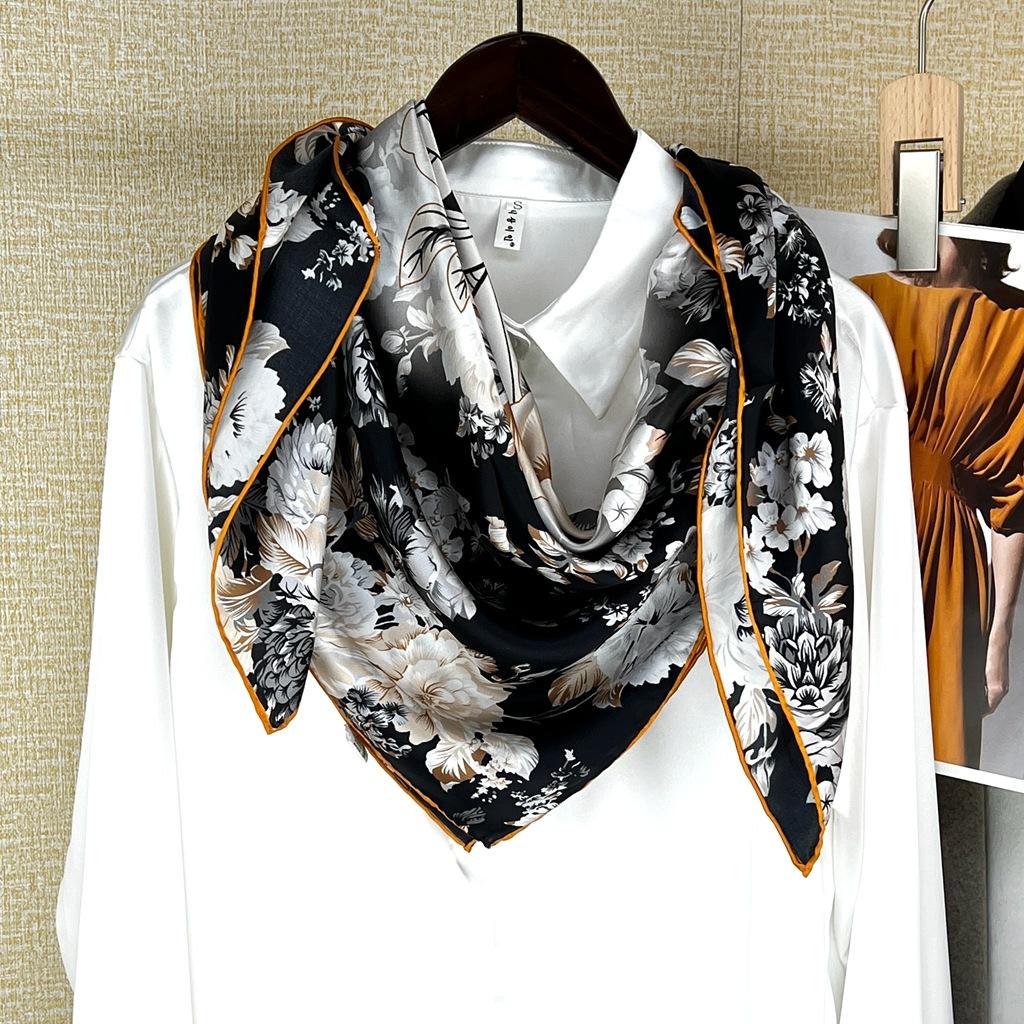 Silk Scarf Femininity Flowery Four-Season Versatile Mulberry Silk Square Scarf Elegant Light Luxury Multi-Functional Shawl