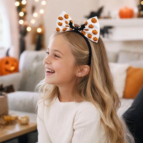 Halloween Bow Headbands, Flexible Non-Slip Hairband with Pumpkin Bat Skeleton Spider Design, Lightweight Headband for Kids Adults Party Cosplay