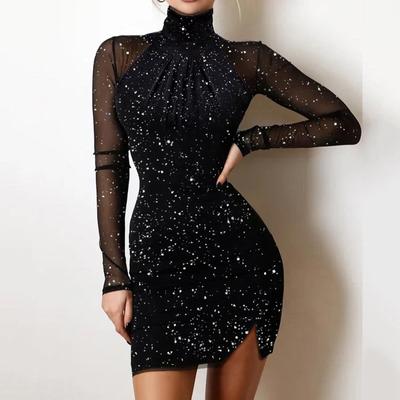 Fashion Womens Loose Bright Flash Rhinestone Long-sleeved Dress