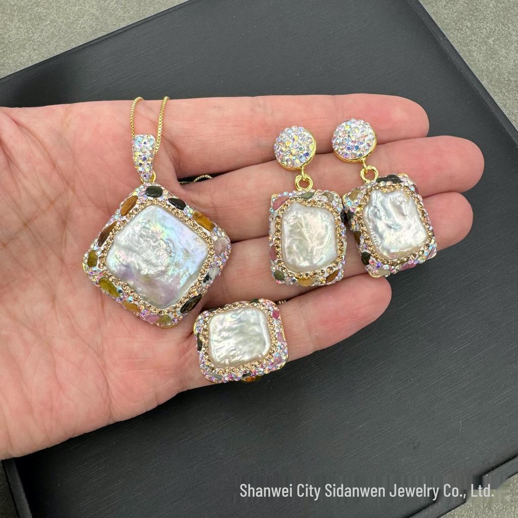 European & American Light Luxury Baroque Pearl Set with Czech Diamonds & Medieval Raw Stone - Three-Piece Set.