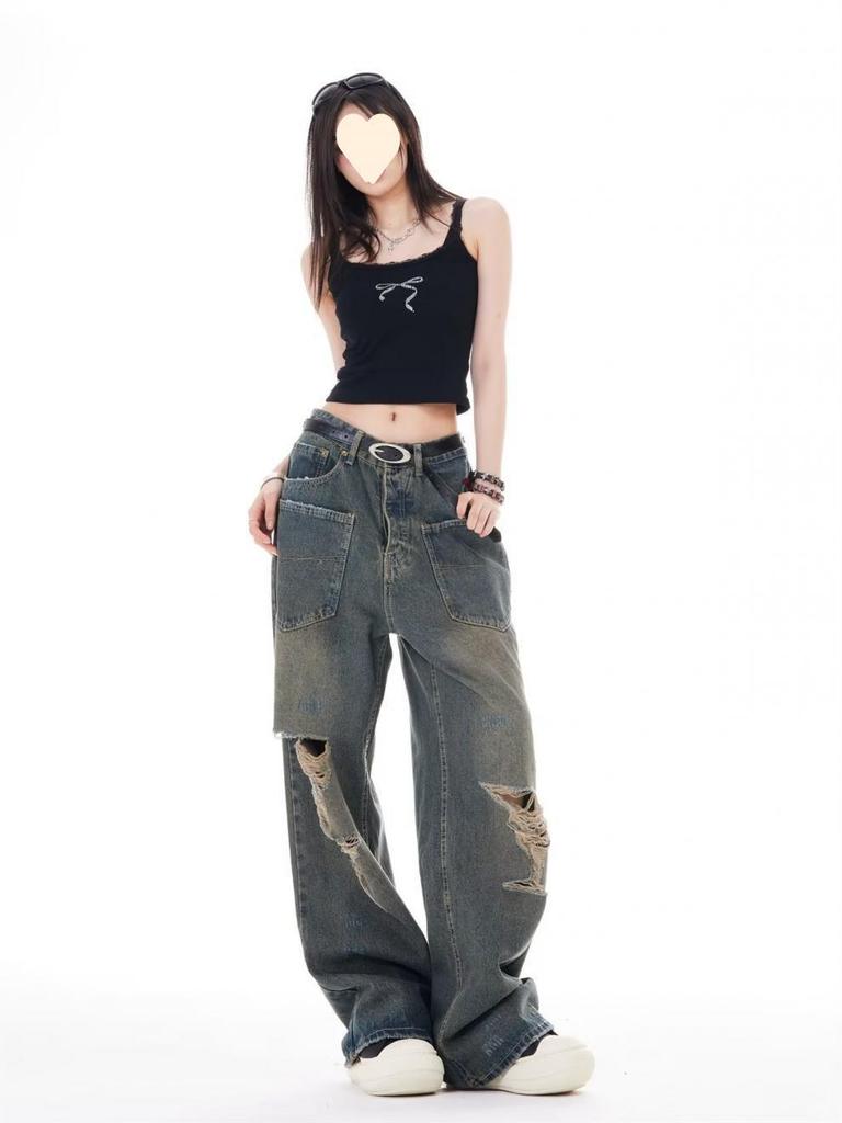 2025 American Retro Autumn Ripped Jeans for Men and Women - Trendy High-End Design with Reversible Wear.