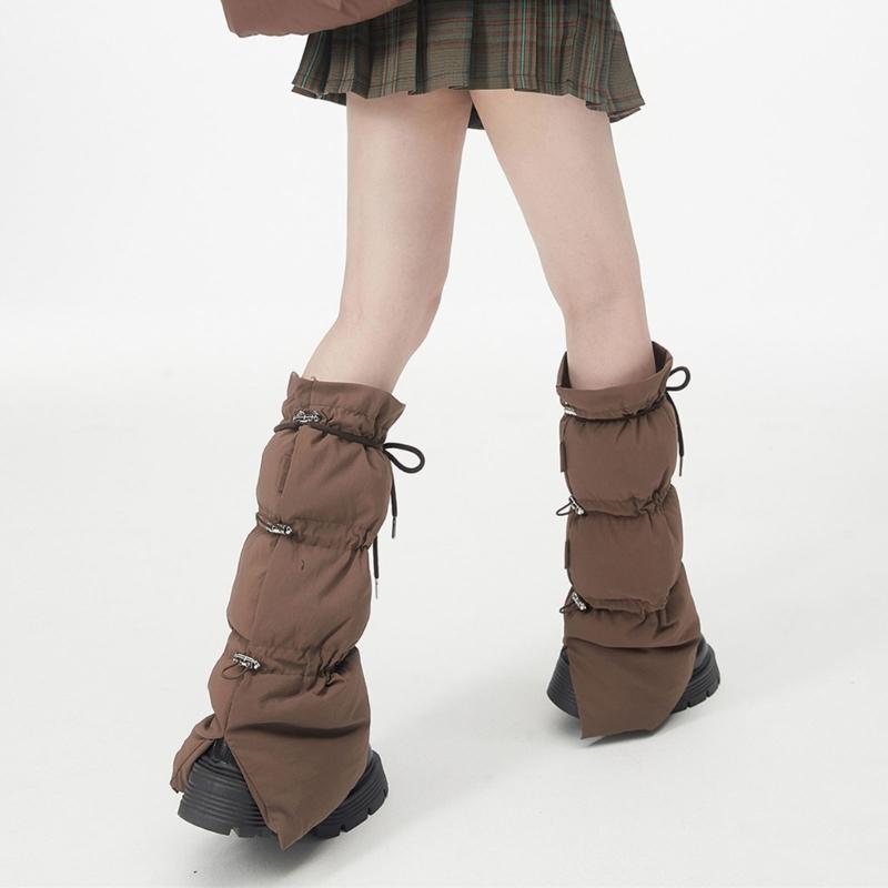 Women Winter Padded Puffer Leg Warmers for Outdoor Work and Sports Adjustable Drawstring Flared Boot Covers Long Socks