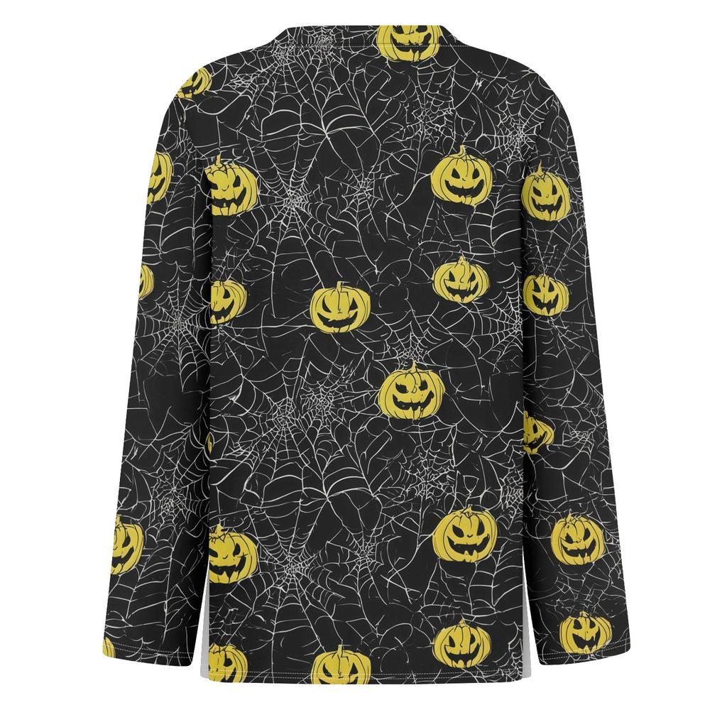 Women's Halloween Print Long Sleeve Top with Round Neck and Hem Slit