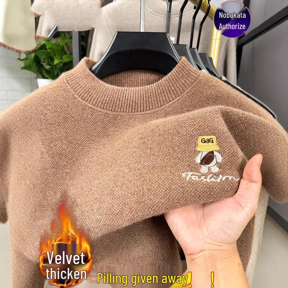 Men's Anti-Pilling Sweater with Fleece, Half-High Collar, New Embroidery, and Warm Knit Base Layer