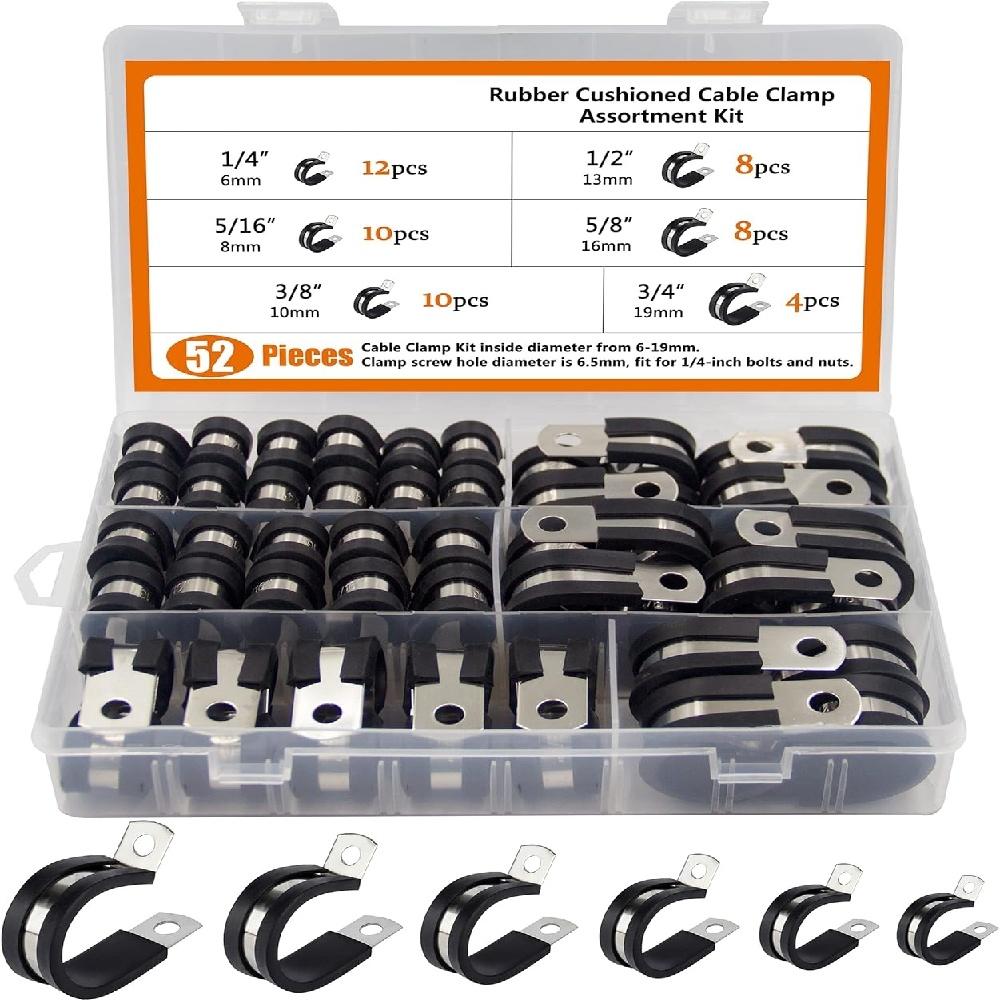 52Pcs Rubber Cushioned Cable Clamp Assortment Kit, 304 Stainless Steel Wire Pipe Clips, 6 Sizes 1/4" To 3/4" For Automotive Boat RV Cable Management