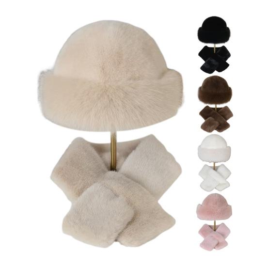 Winter Fuzzy Hat Scarf Set for Women Faux Fur Collar Wrap Scarf Thickened Plush Warm Cap for Cold Weather