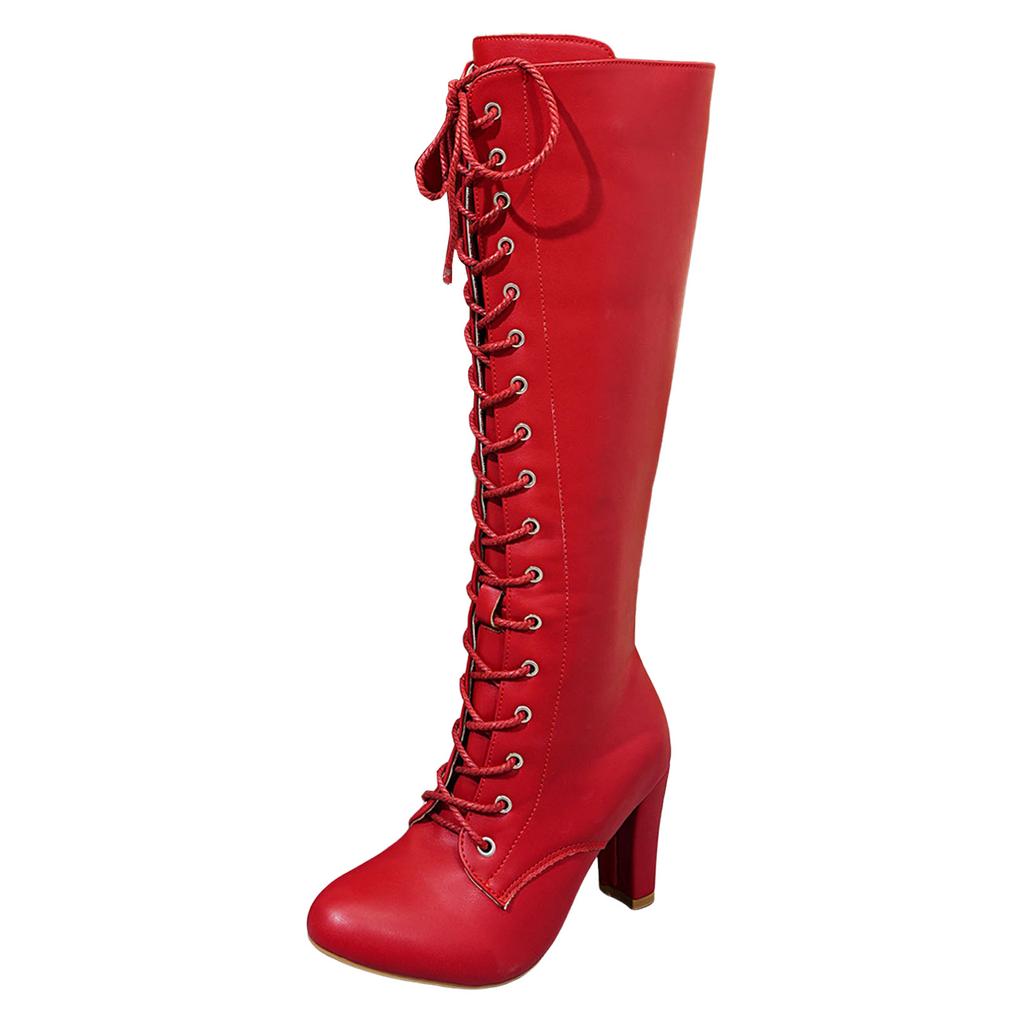 Übergröße Europäische Schnürstiefel Damen Winter Chunky Hoher Absatz Mode Stiefel Damen Stiefel Knielang Weit