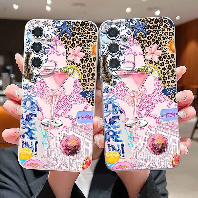 Pink Goblet Bowknots Disco Ball Pattern Case For Samsung Galaxy A57 A56 A55 A54 5G A37 A36 A35 A34 A17 A16 A15 A14 Leather Texture Silicone Cover