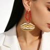 1 Pair Drop Earrings Red Faux Crystal Beaded Ring Three-Dimensional Metallic Lip Shape Leverback Earrings Jewelry Gift