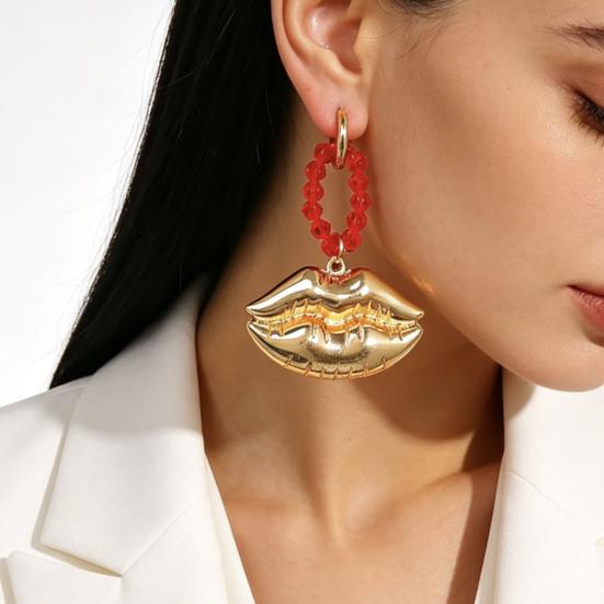 1 Pair Drop Earrings Red Faux Crystal Beaded Ring Three-Dimensional Metallic Lip Shape Leverback Earrings Jewelry Gift