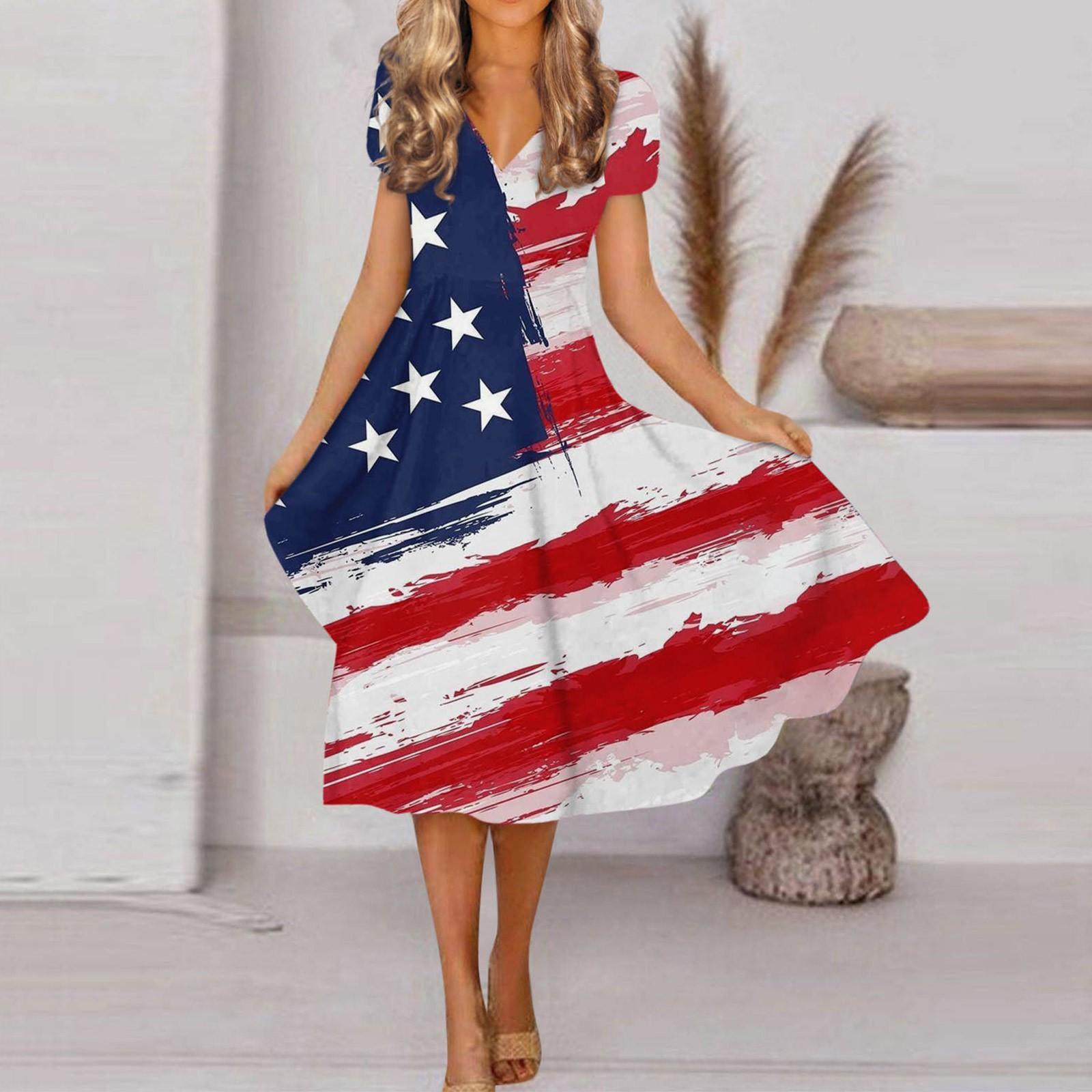 

Женское весенне-летнее модное свободное платье с v-образным вырезом и коротким рукавом ко Дню независимости с принтом XXL красный