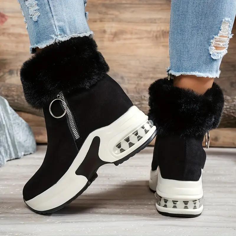 Women's Winter Plush-Lined Platform Ankle Boots with Thick Sole & -Trimmed Cuffs - Slip-On Zipper Casual Shoes, Round Toe , Winter Footwear