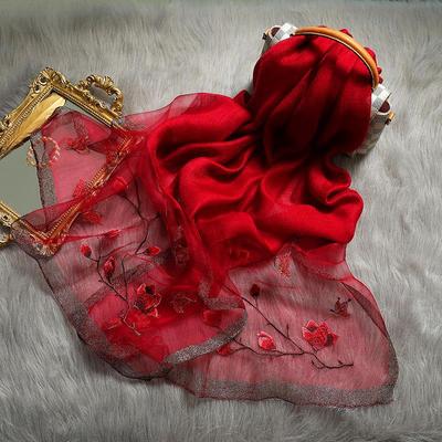 Silk Wool Hand-Embroidered Floral Scarf - Lightweight, All-Season Shawl for Women