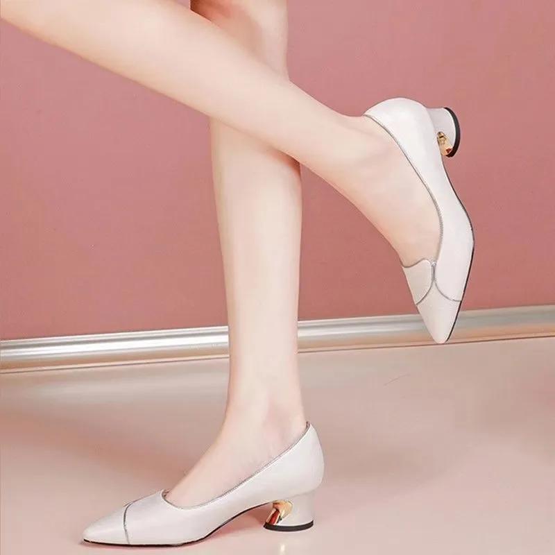 women fashion sweet pointed toe beige spring slip on square heel shoes lady classic office career work pumps ab509
