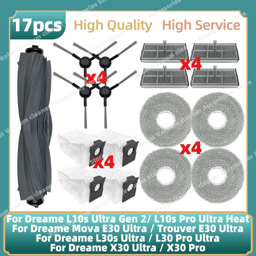 Passend für Dreame L10s Ultra Gen 2 / L10s Pro Ultra Heat / Mova E30 Ultra / Trouver E30 Ultra Ersatzteile: Hauptbürste, Seitenbürste, Filter, Wischbeutel