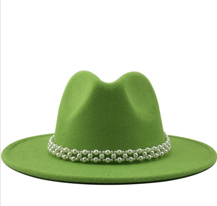 Woolen Hat Elegant Fashion Pearl Woolen Hat British Style Jazz Hat Big Brim Hat Women's Autumn and Winter Top Hat