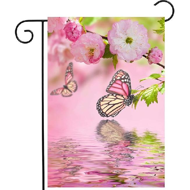 

Spring Summer Butterflies Pink Flowers Lake Water Floral Cherry Seasonal Garden Yard Flag 12 x 18 Double Sided Polyester Welcome House Flag Banners 12 x18