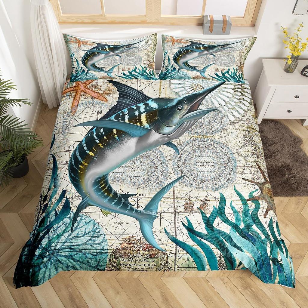 Erosebridal Mermaid Tail Comforter Cover,Kids Fish Scales Duvet Cover Twin,Girly Shell Starfish Bedding Set Ocean Life Sea Animal Bed Sets P