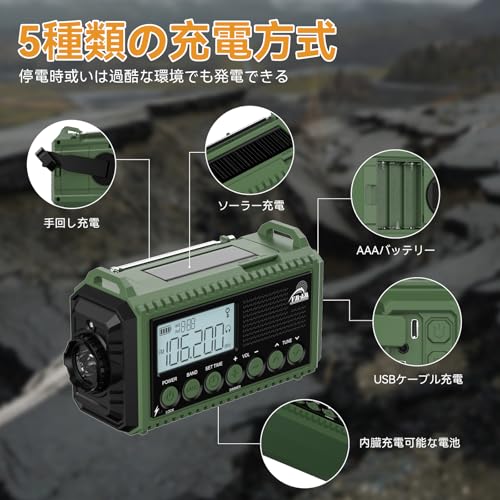 Mesqool Disaster Prevention Radio, 12000mAh, Solar Charging, Hand Crank, Flashlight, Reading Lamp, FM/SW/AM Compatible (FM 76.00MHz - 108MHz), Compact