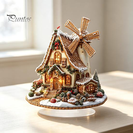Indoor Winter Holiday Decorations Gingerbread Log Cabin Ornament, 2D Acrylic Table Decoration, Christmas House Ornaments Double Sided Crafts for Home
