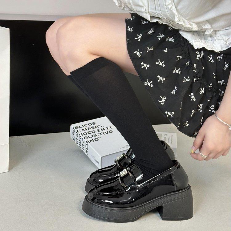 2024 new autumn round head French platform heightening loafers black British thick heel one pedal small leather shoes women 35 5349₽