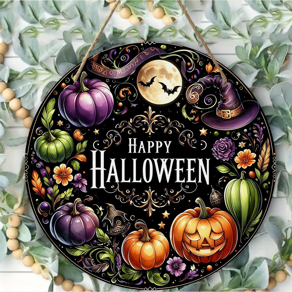 Vintage gothic pumpkin witch hat wall sign Round Wooden Hanging Plaque home indoor outdoor door decor aesthetic halloween party supplies