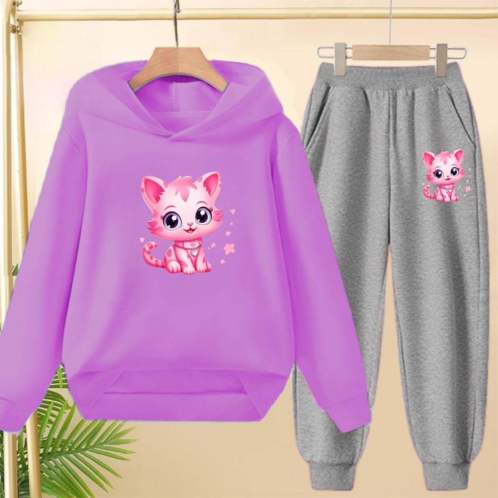 Children Clothes Sweatshirt Set Hooded Sweatshirt with Long Pants Cartoon and Lively Little Cat Girl Pink Set 3-13 Years Old Top