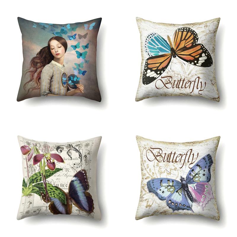 Polyester Pillowcase Peach Leather Velvet Decoration Printed Butterfly Pillowcase Waist Cushion Cover Car Cushion Head Cushion Cover