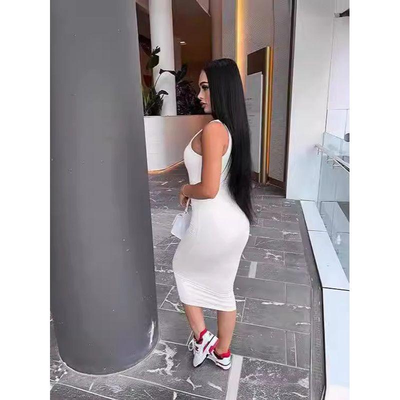 Solid Color U-neck Sleeveless Dress Women's Pure Color U-Neck Sleeveless Sheath Dress
