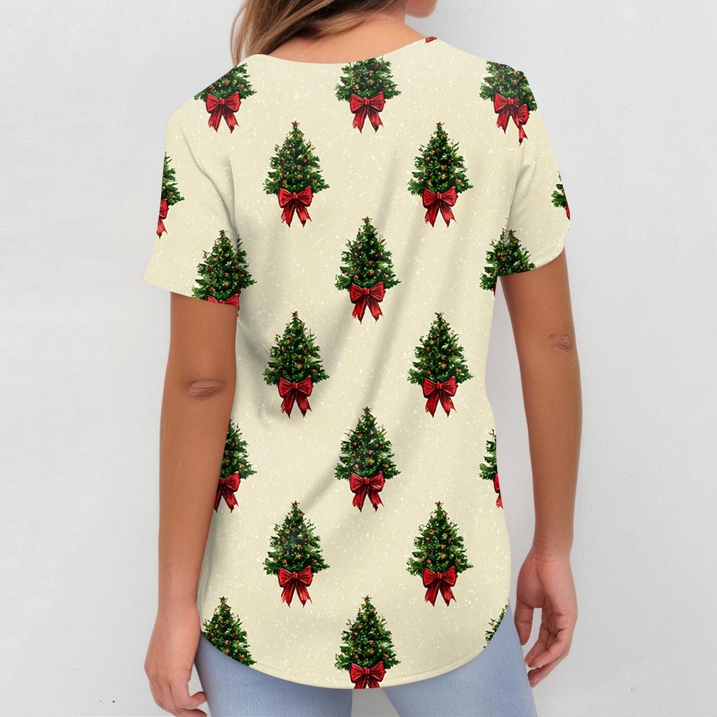 Damska Moda Krótki Rękaw Świąteczny Nadruk Dekolt V Kieszeń Odzież Robocza Top
