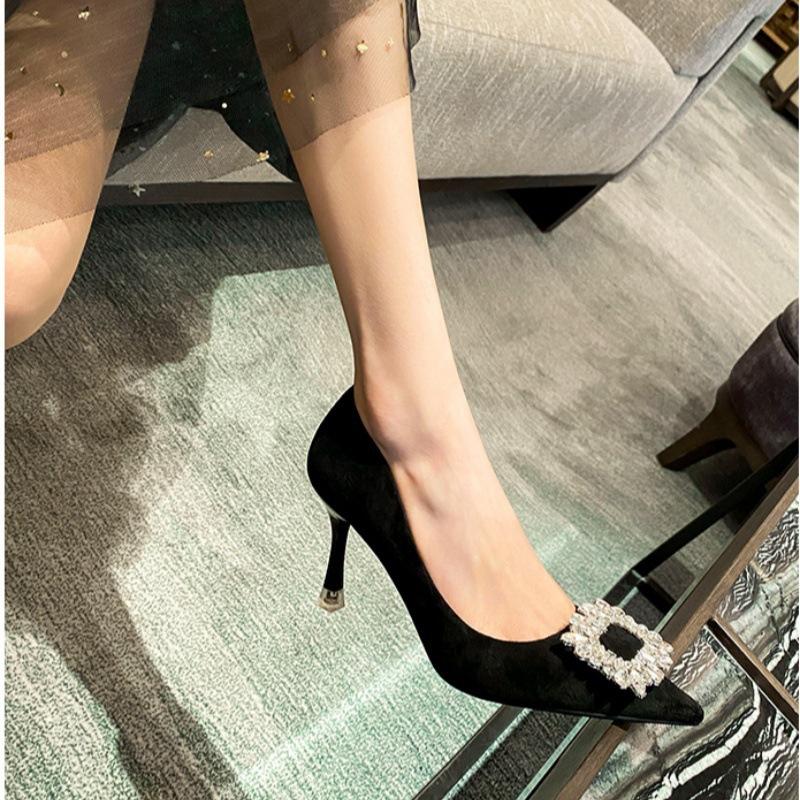French pointed rhinestone high heels women's summer 2025 new stiletto large size small size black professional single shoes women