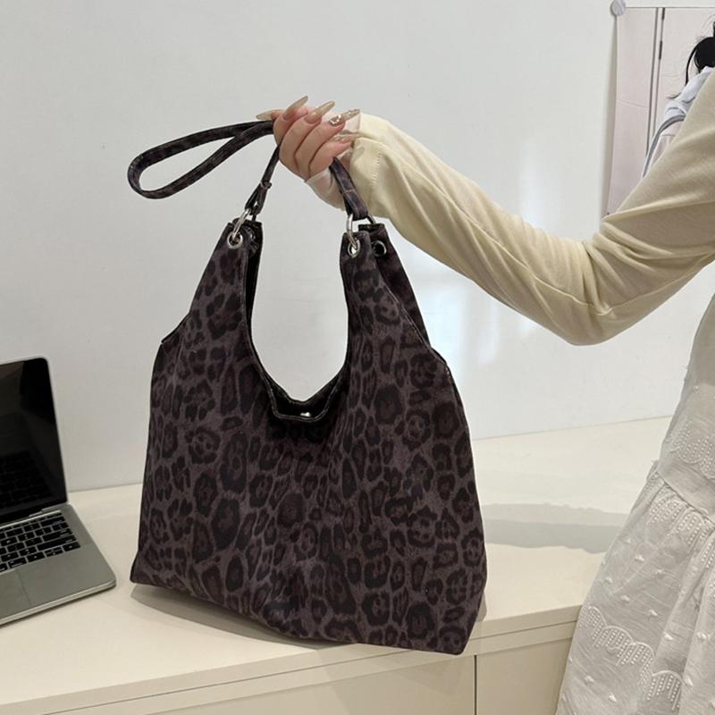 Leopard Print Slouchy Bag Large Capacity Polyester Shoulder Purse Casual Handbag for Women Shopper Bag Underarm Pack