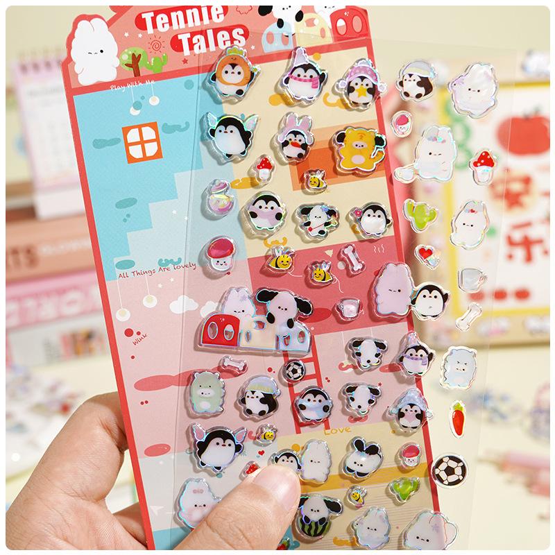 4pcs Sticker Kawaii Animal 3d Relief Crystal Cute Diy Mobile Phone Decor Sticker Student Hand Account Stationery