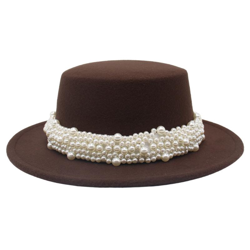 

Flat Top Small Brim Pearl Top Hat Versatile Lady French Top Hat Exquisite Ruili Celebrity Hat M（56-58cm） темно-коричневого кольору