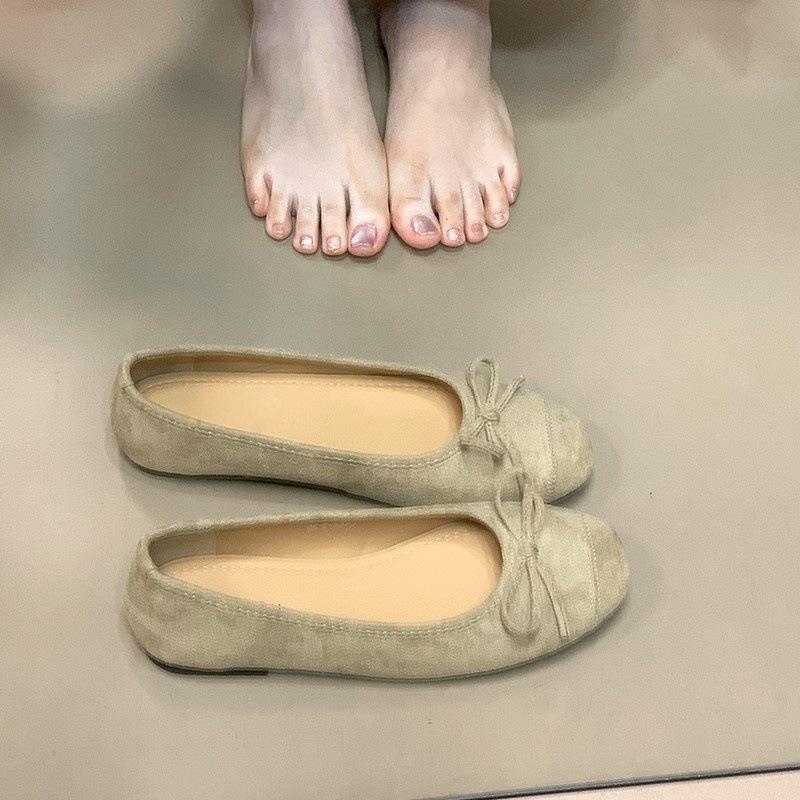 Silver bow light mouth flat sole single shoes soft sole suede grandma shoes Mary Jane shoes