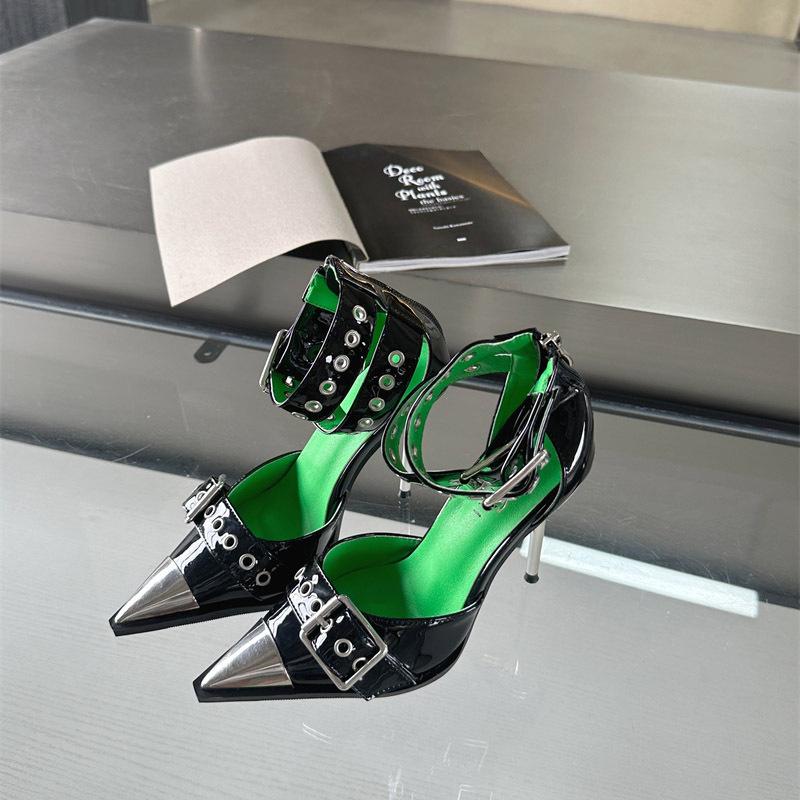 

Женские босоножки на высоком каблуке, весенне-летние, новая цветовая гамма, молния, панк, крутые, красивые, с заклепками, с ремешком и пряжкой, шпилька, женская обувь 40 чёрный