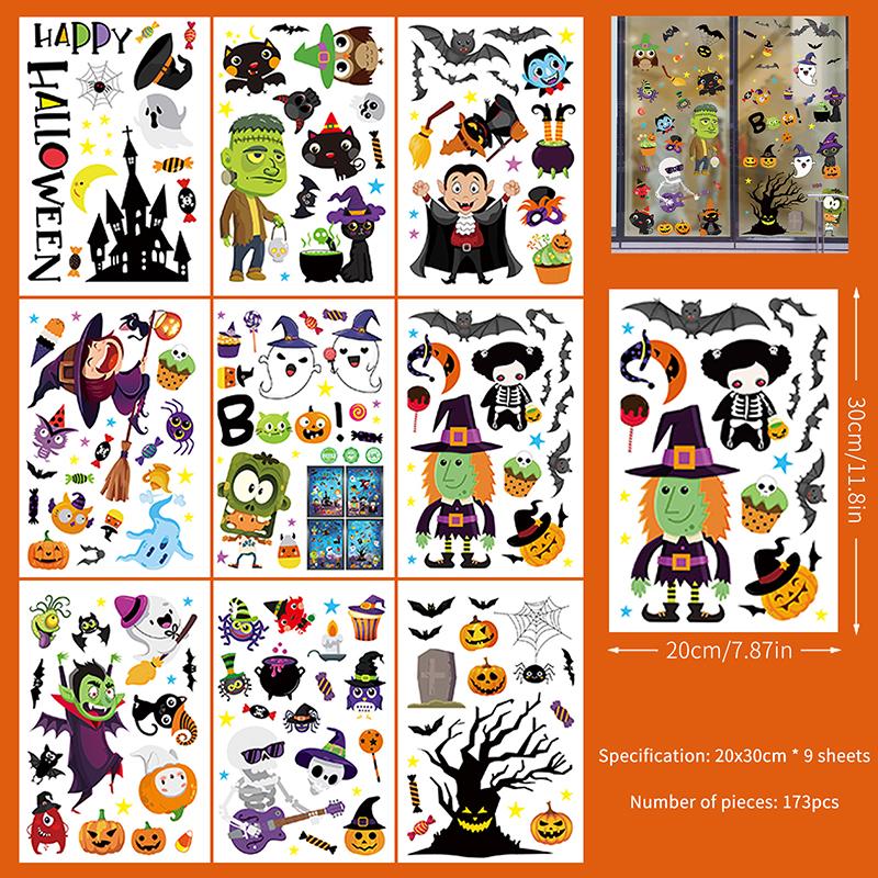 6/8/9 Sheets Halloween Window Clings Cute Ghost Pumpkin Bat Removable Self Adhesive For Home Party Glass Decor