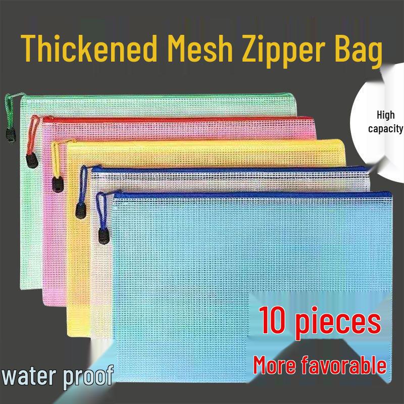 Thickened A4 Waterproof Grid Zipper Bag - Transparent Document & Stationery Storage