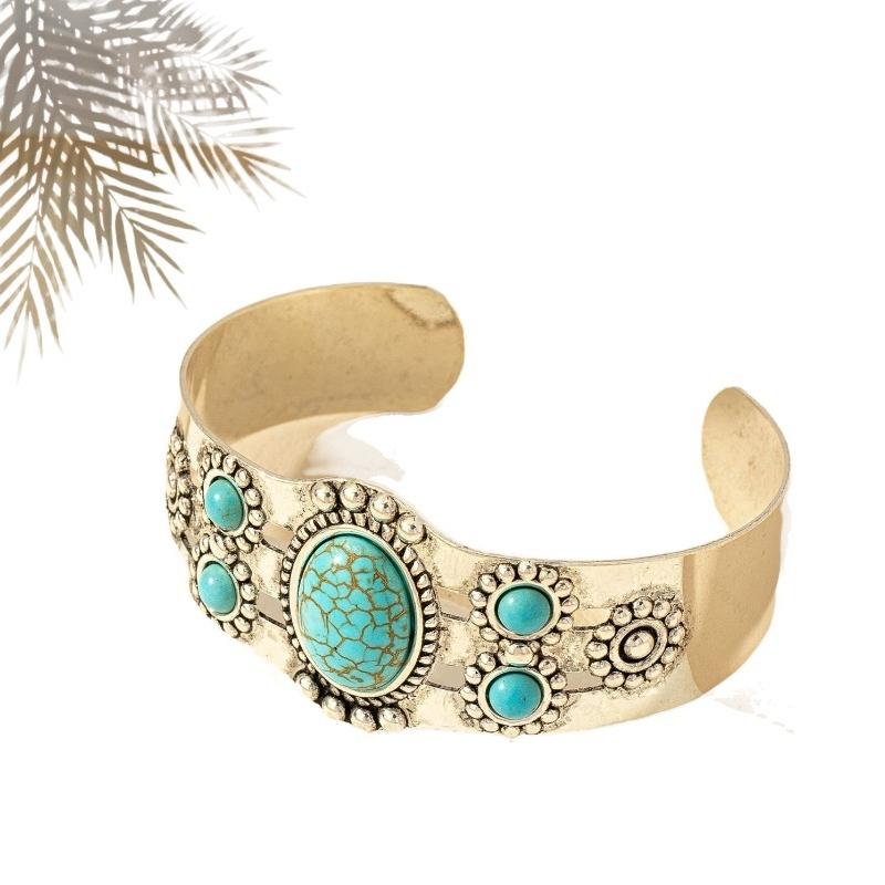 Vintage Court Style Turquoise Bracelet Women's Japanese and Korean Ins Style Niche Sense Fashion Open Hand Jewelry