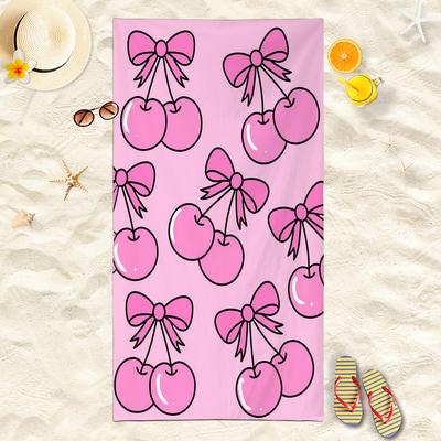 Pink Cherry Beach Towel, Cute Bow Cherry Towel, Kawaii Fruit Bath Towel, Soft Quick Dry Pool Towel, Girly Summer Beach Blanket,
