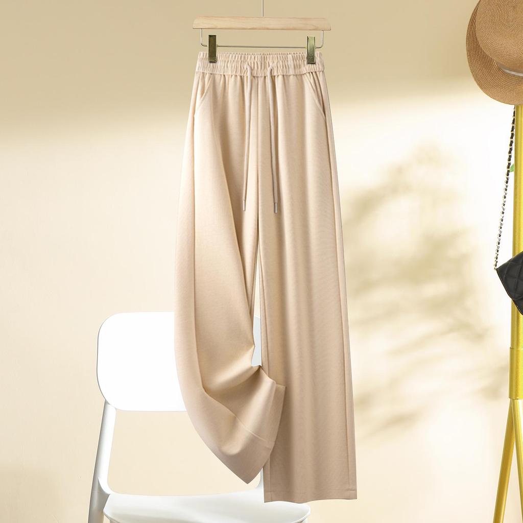 Apricot Draped Narrow-Wide Leg Women's Pants, Spring/Autumn 2025, Popular Light Luxury Casual Elastic Waist Straight-Leg Design.