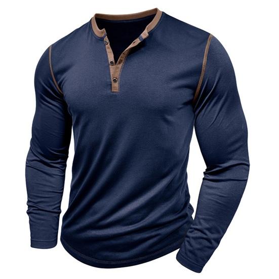 Fall Spring Men Shirt Buttoned Stand Collar Color Matching Pullover Slim Fit Mid Length Casual Daily