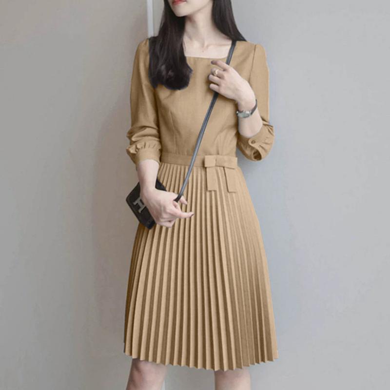 ZANZEA Women Square Neck Casual Long Sleeve Pleated Dress