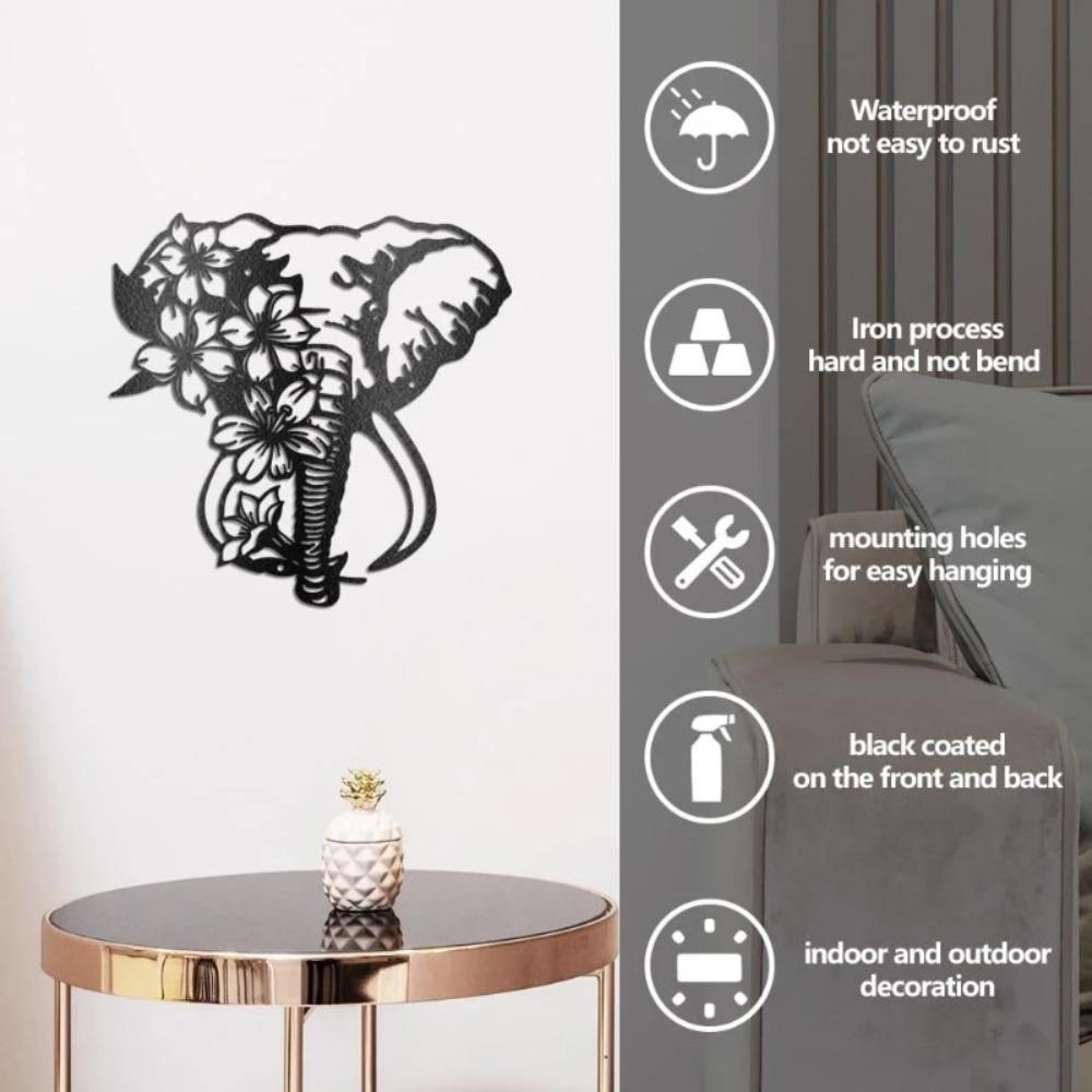 Black Metal Elephant Flower Wall Art Decor, Iron Garden Sculpture for Home Patio Fence