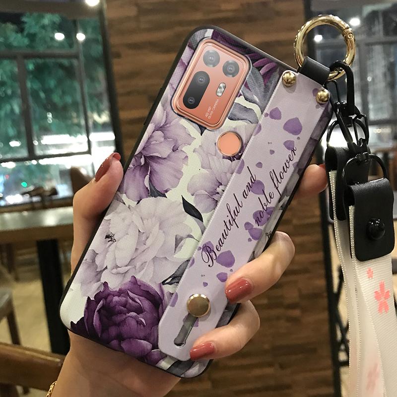 Durable Wristband Phone Case For HTC Desire 20 Plus/D20+ Lanyard Back Cover Shockproof Flower Soft case Fashion Design