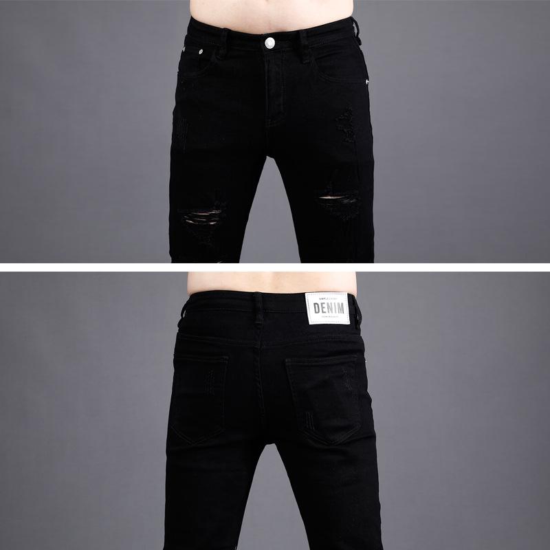 New 2024 Men's Slim-Fit Skinny Nine-Point Black Ripped Jeans for Spring/Summer.