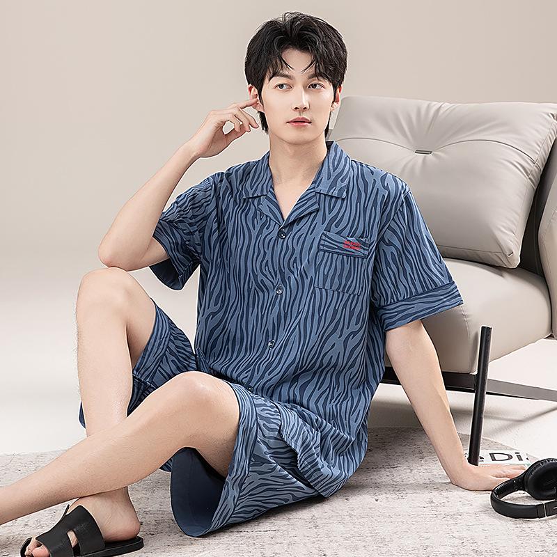 Men's 2026 New Summer Cotton Short Sleeve Pajama Set - Plus Size Youth Home Wear